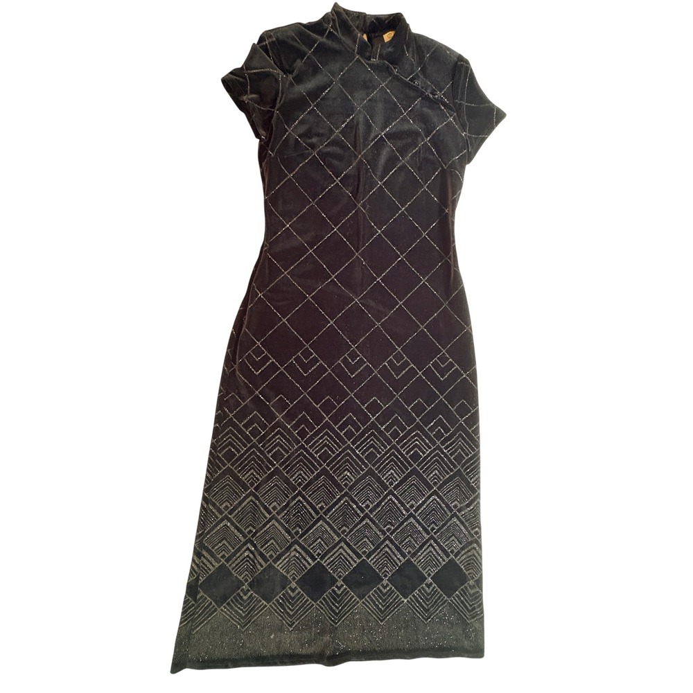 CDC Velvet Geometric Glitter Dress Women 12 Black Silver Art Deco Cheongsam Midi
